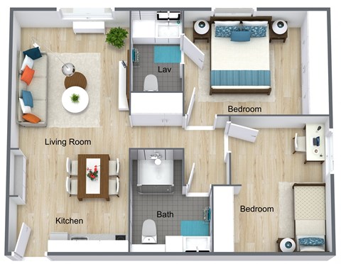 Floor plan for 2 beds, 2 baths, 768 sqft
